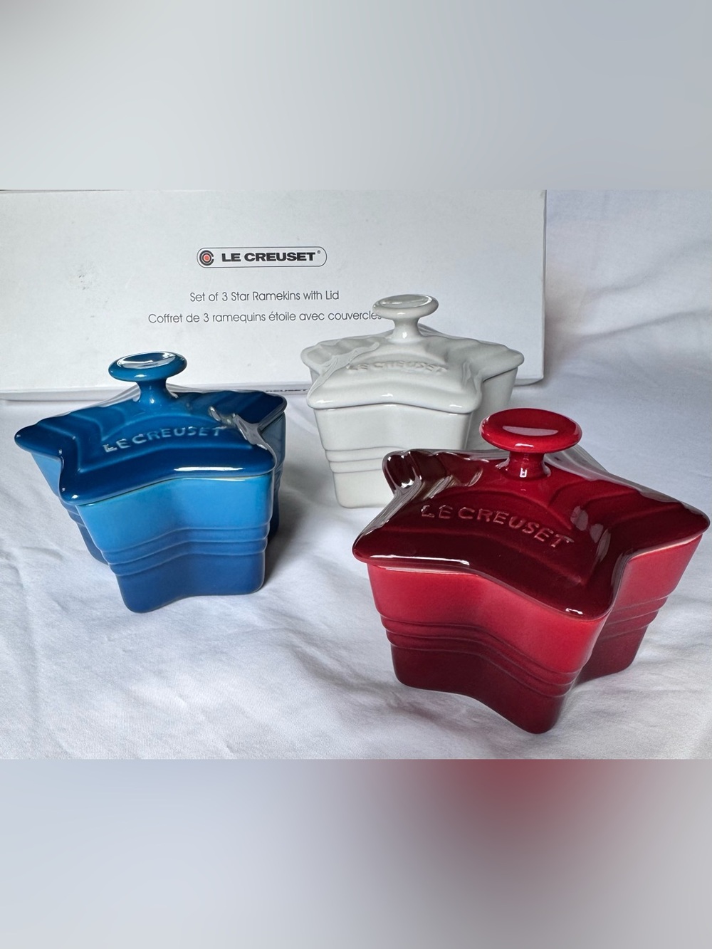 Le Creuset Star Mini Ramekins with Lids, Stonewear Set of 3 - Red, Blue & White